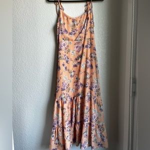Lulu’s peach colored, floral dress with tie, adjustable straps and zip up back